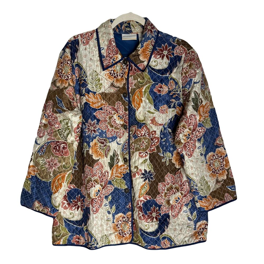 Alfred Dunner Silk Quilted Cardigan Jacket Floral Lightweight Button Size 16W